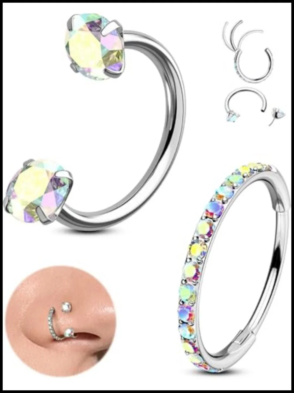 2PCS Nose Rings Hoops 20g Double Gem Horseshoe Threadless Septum Clicker Daith